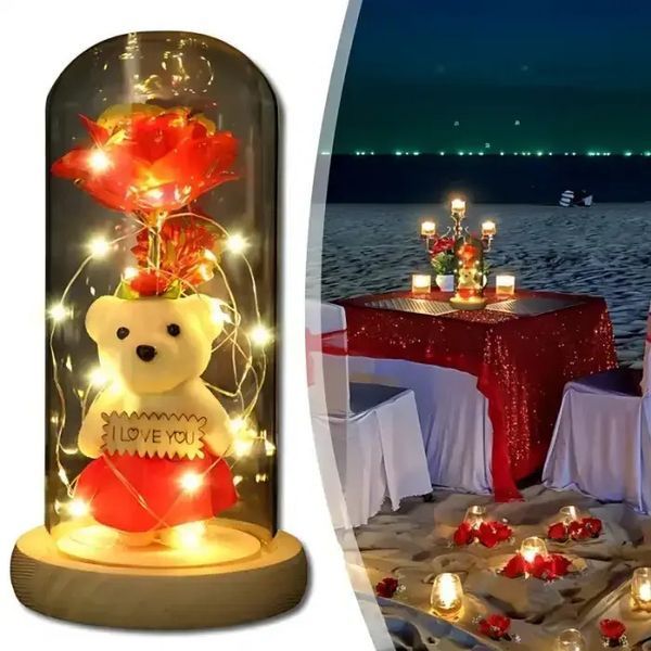 Троянда кришталева червона з ведмедиком і сердечком I Love You у колбі на батарейках 0855 фото