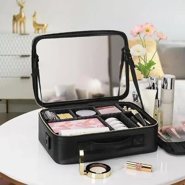Портативная тканевая косметичка Make Up черная с зеркалом и отделениями для хранения 0805 фото