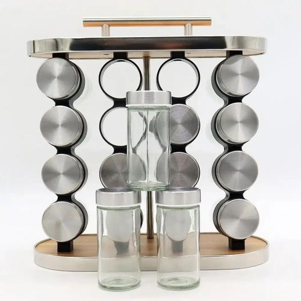 Підставка-карусель для спецій Stainless Steel and Wood на 16 контейнерів для зручного зберігання приправ 0792 фото