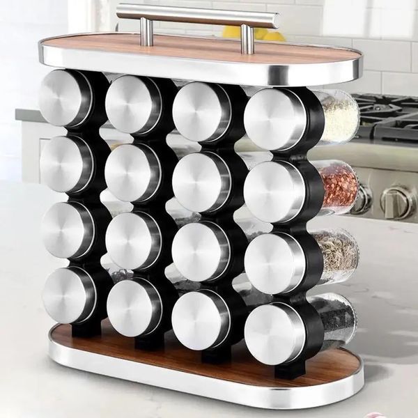 Підставка-карусель для спецій Stainless Steel and Wood на 16 контейнерів для зручного зберігання приправ 0792 фото