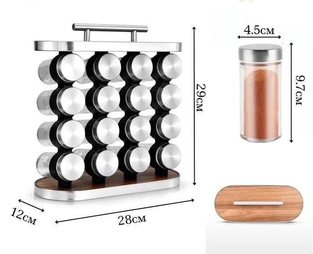 Підставка-карусель для спецій Stainless Steel and Wood на 16 контейнерів для зручного зберігання приправ 0792 фото