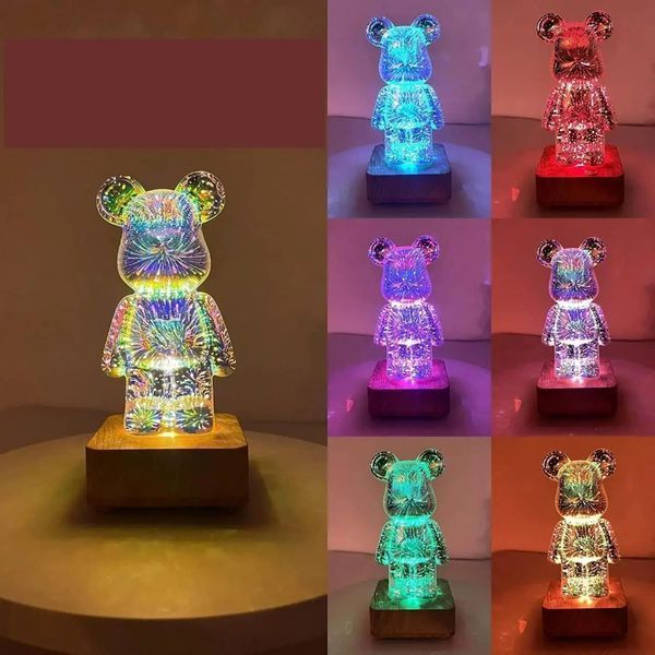 Декоративний нічник 3D світлодіодний RGB феєрверк Ведмедик 8 кольорів 0876 фото