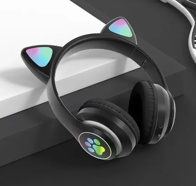 Детские накладные наушники с кошачьими ушками и LED подсветкой, Черные 0739 фото