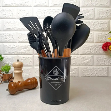 Набір кухонних приладів (12 предметів) із силікону та дерева Kitchen stuff, Чорний 0691 фото