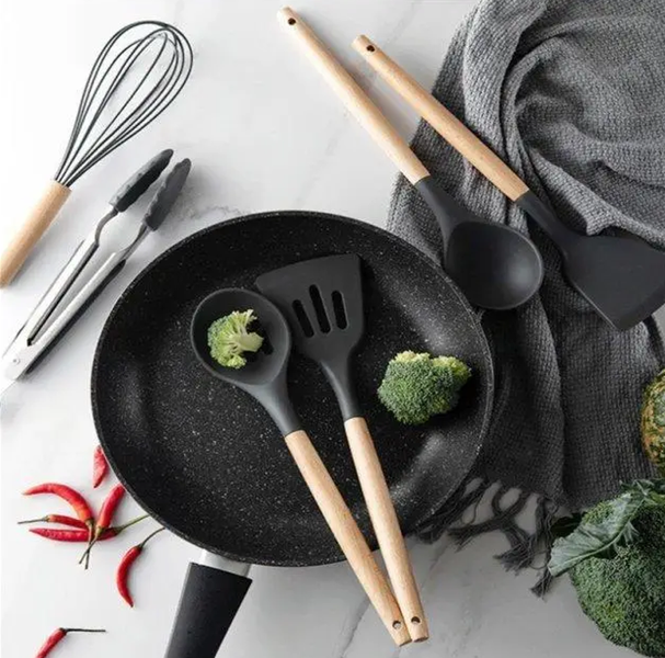 Набір кухонних приладів (12 предметів) із силікону та дерева Kitchen stuff, Чорний 0691 фото