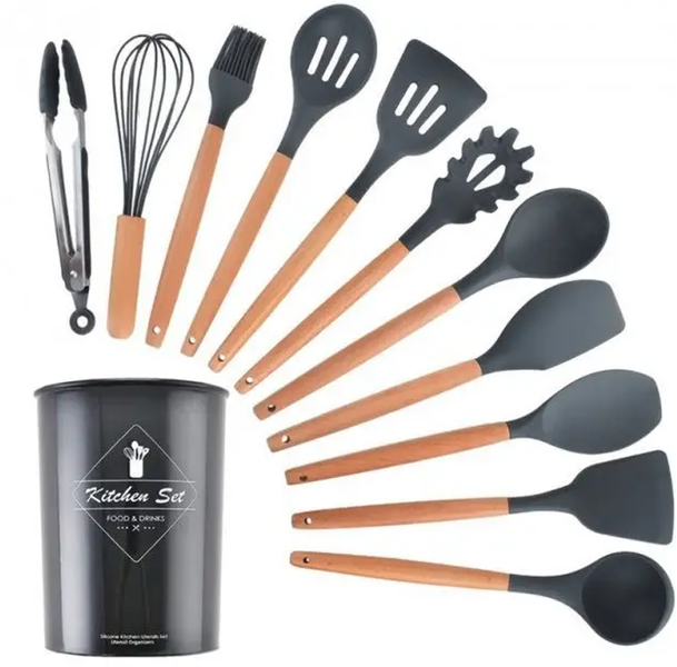 Набір кухонних приладів (12 предметів) із силікону та дерева Kitchen stuff, Чорний 0691 фото