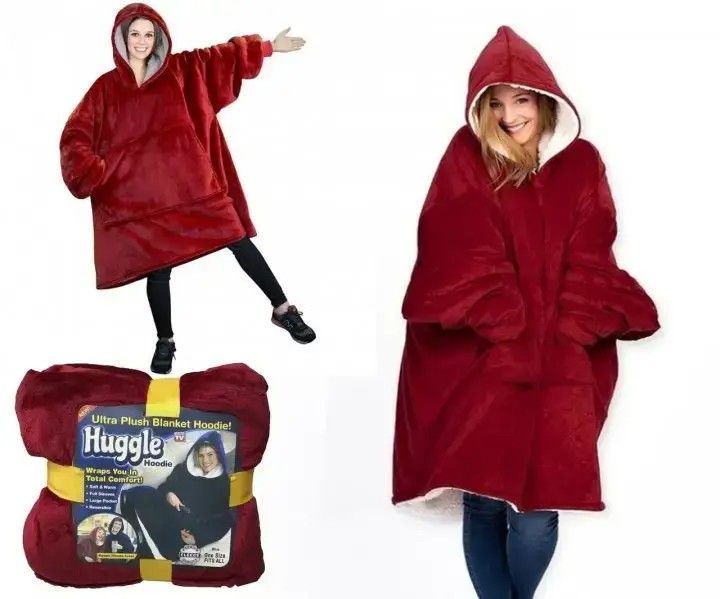 Толстовка-плед Huggle Hoodie червоного кольору універсального розміру з капюшоном м'яка тепла комфортна стильна 0835 фото
