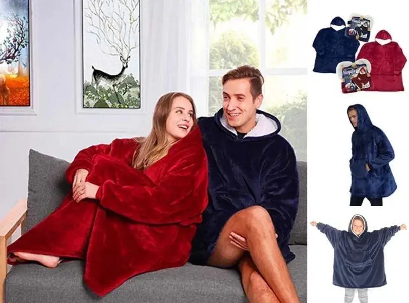 Толстовка-плед Huggle Hoodie червоного кольору універсального розміру з капюшоном м'яка тепла комфортна стильна 0835 фото
