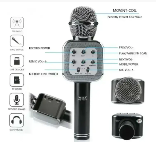 Бездротовий Bluetooth караоке-мікрофон WS1818, стерео колонка, Чорний 0550 фото