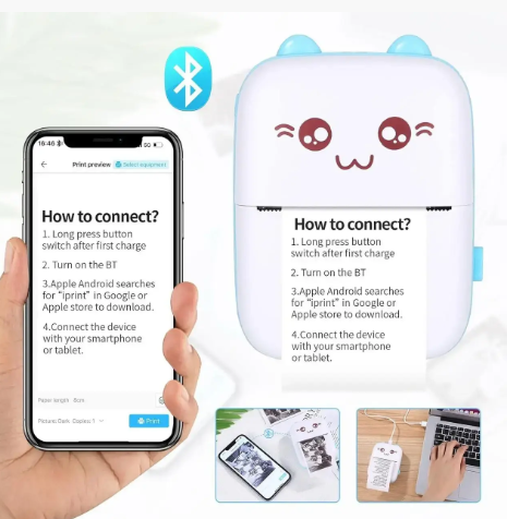 Портативный детский термопринтер Mini Printer Blue для смартфона с Bluetooth 0498 фото